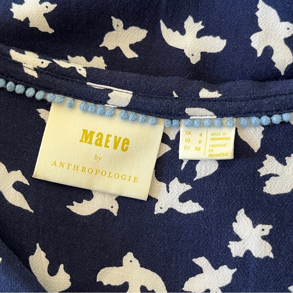 Anthropologie Maeve Austin Navy and White Bird Print Top - Size 0 - Picture 6 of 16
